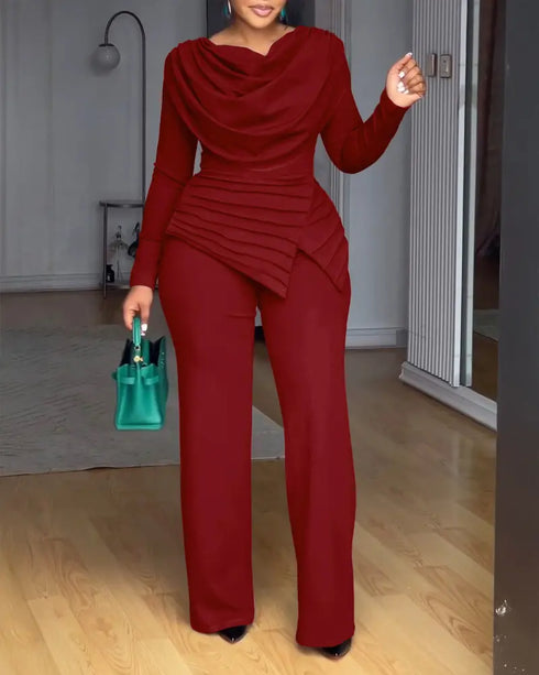 Cowl Neck Asymmetrical Textured Patchwork Cinched Waist Jumpsuit Casual Zipper Back Wide Leg Jumpsuit red