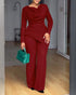 Cowl Neck Asymmetrical Textured Patchwork Cinched Waist Jumpsuit Casual Zipper Back Wide Leg Jumpsuit red
