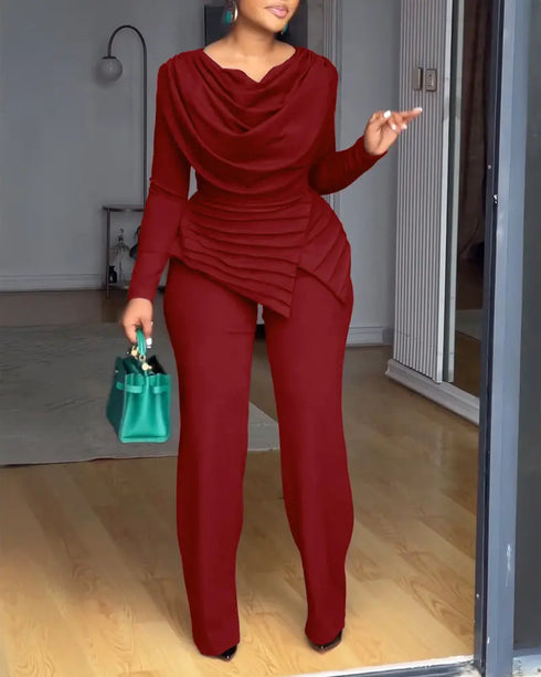 Cowl Neck Asymmetrical Textured Patchwork Cinched Waist Jumpsuit Casual Zipper Back Wide Leg Jumpsuit red