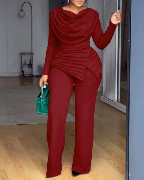 Cowl Neck Asymmetrical Textured Patchwork Cinched Waist Jumpsuit Casual Zipper Back Wide Leg Jumpsuit red