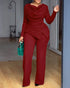 Cowl Neck Asymmetrical Textured Patchwork Cinched Waist Jumpsuit Casual Zipper Back Wide Leg Jumpsuit red