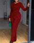 Cowl Neck Asymmetrical Textured Patchwork Cinched Waist Jumpsuit Casual Zipper Back Wide Leg Jumpsuit red