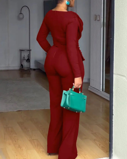 Cowl Neck Asymmetrical Textured Patchwork Cinched Waist Jumpsuit Casual Zipper Back Wide Leg Jumpsuit red