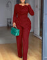 Cowl Neck Asymmetrical Textured Patchwork Cinched Waist Jumpsuit Casual Zipper Back Wide Leg Jumpsuit red