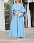 Skew Neck Lantern Sleeve Loose Top & Zipper Fly Wide Leg Pants Set without Belt Lighted Blue
