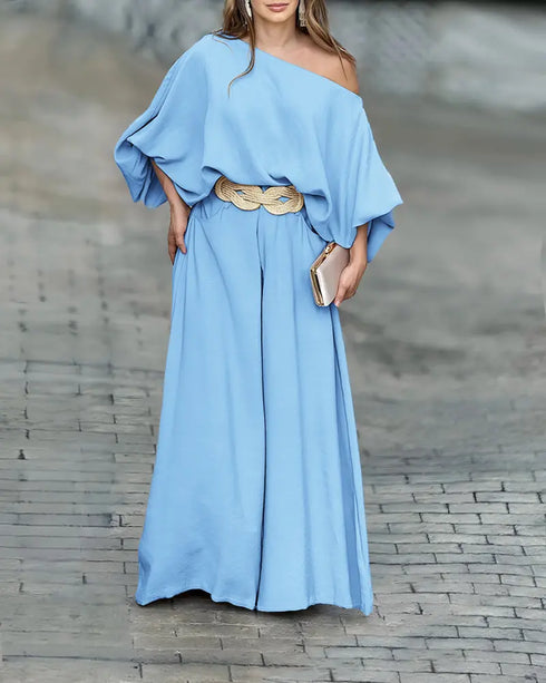 Skew Neck Lantern Sleeve Loose Top & Zipper Fly Wide Leg Pants Set without Belt Lighted Blue
