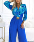 Tie Dye Print Patchwork Ruched Overlap V-Neck Lantern Sleeve Jumpsuit Casual Elastic Back Waist Wide Leg Jumpsuit With Belt blue