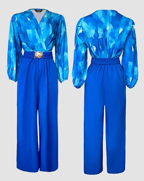 Tie Dye Print Patchwork Ruched Overlap V-Neck Lantern Sleeve Jumpsuit Casual Elastic Back Waist Wide Leg Jumpsuit With Belt blue