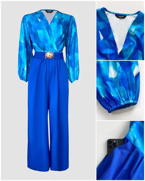 Tie Dye Print Patchwork Ruched Overlap V-Neck Lantern Sleeve Jumpsuit Casual Elastic Back Waist Wide Leg Jumpsuit With Belt blue