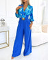 Tie Dye Print Patchwork Ruched Overlap V-Neck Lantern Sleeve Jumpsuit Casual Elastic Back Waist Wide Leg Jumpsuit With Belt blue