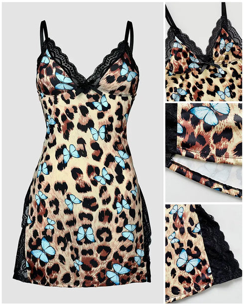 2 Piece Lace Trim Side Slit Bowknot Decor Modal Cami Sleep Dress Cardigan Nightdress Set Leopard