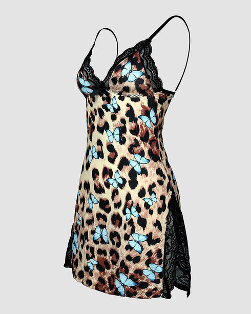 Butterfly Leopard Print Bowknot Decor Lace Patch Sleep Dress Leopard
