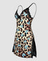 Lace Trim Adjustable straps Side Slit Bowknot Decor Modal Cami Sleep Dress Leopard