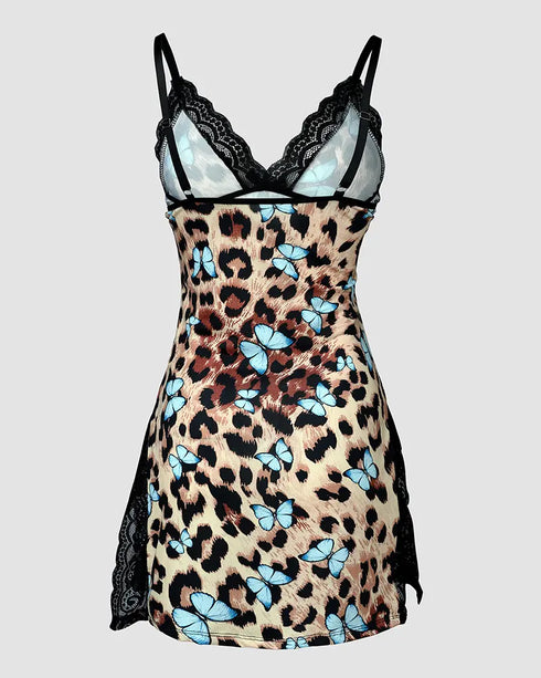 Butterfly Leopard Print Bowknot Decor Lace Patch Sleep Dress Leopard