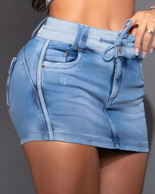 Contrast Paneled Zipper Fly Drawstring Elastic Waist Casual Denim Skort blue