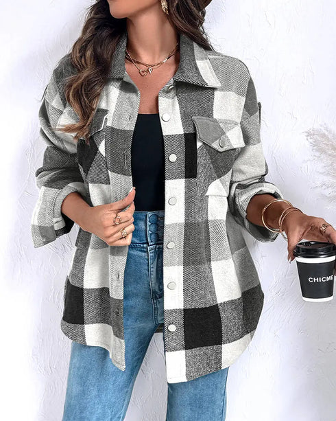 Vintage Plaid Print Turn-down Collar Button Front Jacket Casual Flap Pockets Design Loose Brushed Shirt Coat black