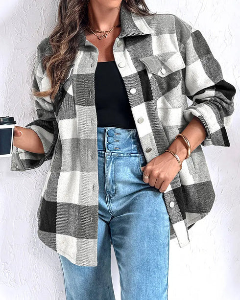 Vintage Plaid Print Turn-down Collar Button Front Jacket Casual Flap Pockets Design Loose Brushed Shirt Coat black