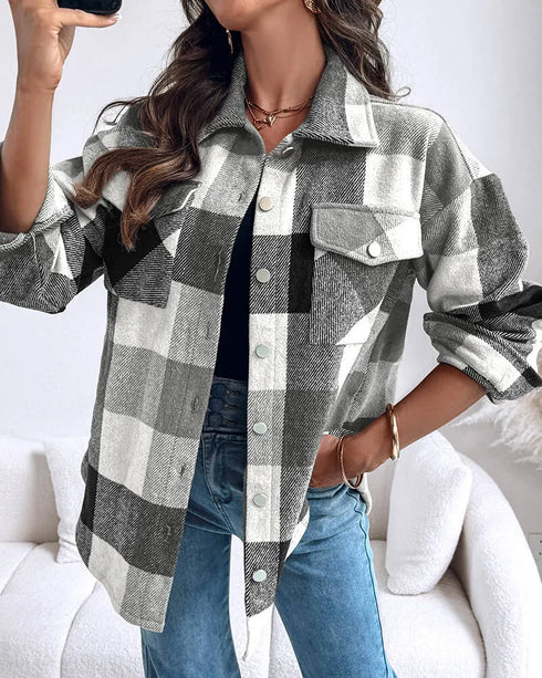 Vintage Plaid Print Turn-down Collar Button Front Jacket Casual Flap Pockets Design Loose Brushed Shirt Coat black