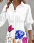 Floral Print Turn-down Collar Long Sleeve Casual Pressed Pleats Shirt Dress white