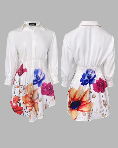 Floral Print Turn-down Collar Long Sleeve Casual Pressed Pleats Shirt Dress white