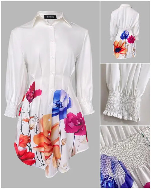 Butterfly Print Turn-down Collar Long Sleeve Casual Shirred Shirt Dress white