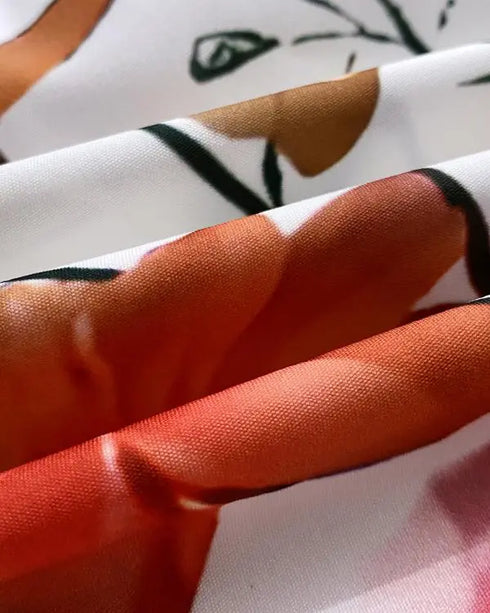 Abstract Print Turn-down Collar Turn-Up Sleeves Shirred Back Dress Casual Button Down Cinched Waist Curved Hem Shirt Dress white