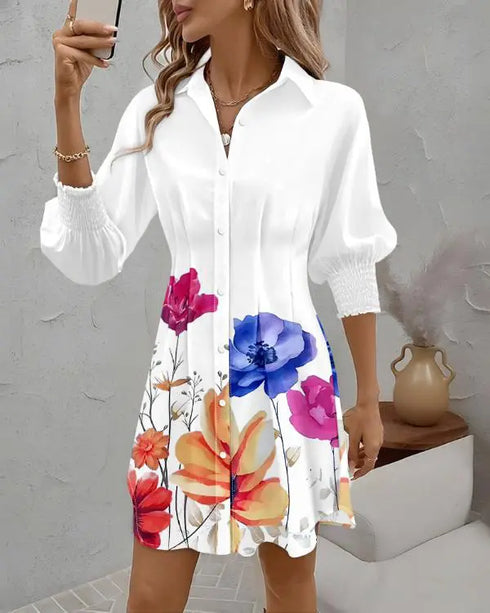 Butterfly Print Turn-down Collar Long Sleeve Casual Shirred Shirt Dress white