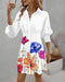 Butterfly Print Turn-down Collar Long Sleeve Casual Shirred Shirt Dress white