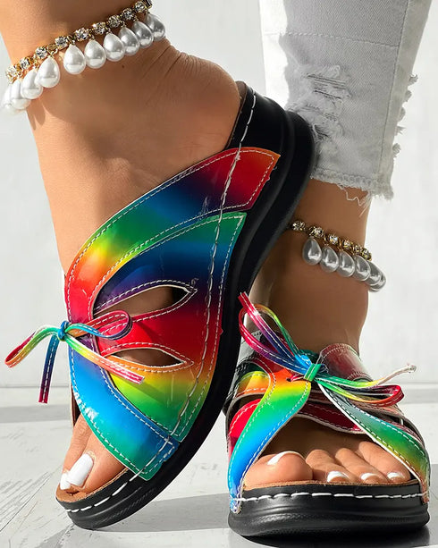 Hollow Out Tied Detail Wedge Slippers Multicolor
