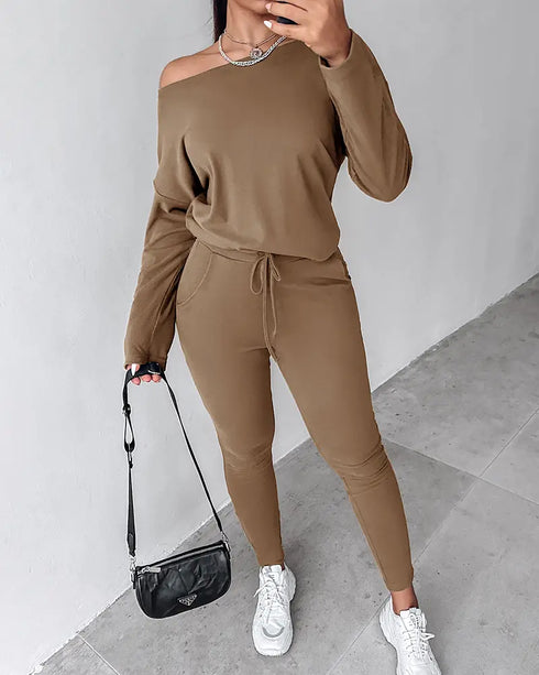 2 Pieces Outfit NOPE. not today Slogan Print Skew Neck Long Sleeve Pullover Top and Casual Drawstring Stretchy Waist Slim Fit Pants Set khaki