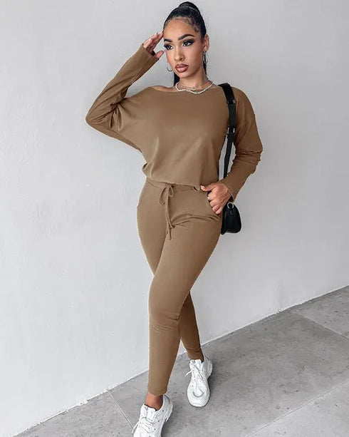 2 Piece Faith Geometric Print Outfit Long Sleeve Skew Neck Pullover Tops Stretchy Waist Pants Set Tracksuit khaki
