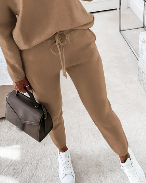 2 Piece Faith Geometric Print Outfit Long Sleeve Skew Neck Pullover Tops Stretchy Waist Pants Set Tracksuit khaki