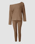 2 Pieces Outfit Long Sleeve Skew Neck Pullover Top and Drawstring Elastic Waist Slim Fit Pants Set khaki