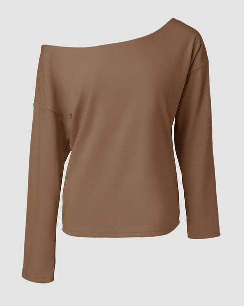 2 Pieces Outfit Long Sleeve Skew Neck Pullover Top and Drawstring Elastic Waist Slim Fit Pants Set khaki