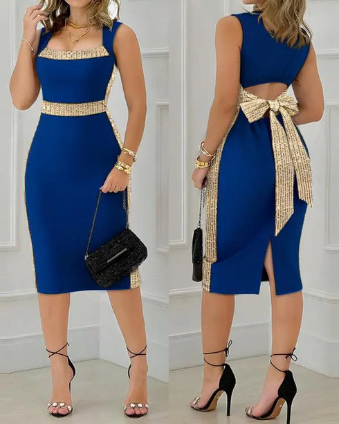 Pearls Decor Thick Strap Backless Slit Back Tank Dress Zipper Back Bodycon Dress With Belt blue