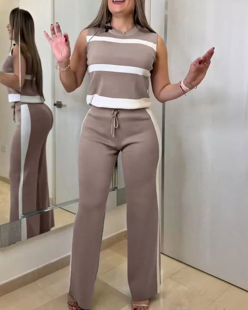 Striped Print Round Neck Sleeveless Top and Casual Elastic Waist Drawstring Pants Sets khaki