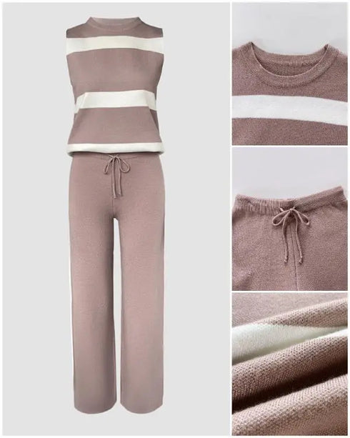 Striped Print Round Neck Sleeveless Top and Casual Elastic Waist Drawstring Pants Sets khaki