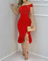 Glitter Off Shoulder Ruffles Slit Dress red