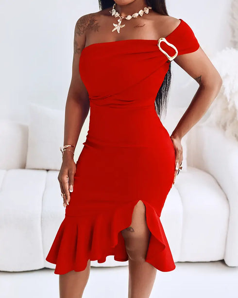 Cold Shoulder Beaded Slit Bodycon Dress Ruffle Hem Zipper Back Party Dress red