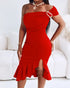 Cold Shoulder Beaded Slit Bodycon Dress Ruffle Hem Zipper Back Party Dress red