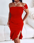 Cold Shoulder Pearls Strap Cowl Neck Evening Bodycon Dress Elegant High Slit Fishtail Maxi Dress red