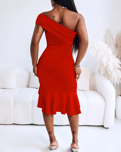 Cold Shoulder Pearls Strap Cowl Neck Evening Bodycon Dress Elegant High Slit Fishtail Maxi Dress red