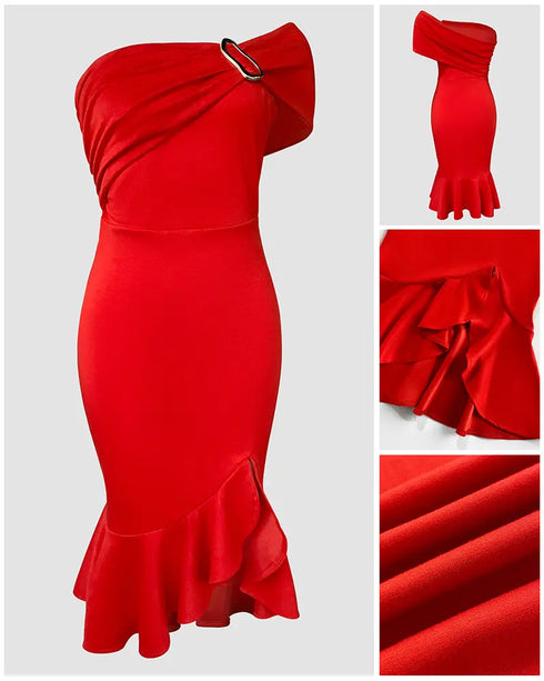 Beaded Details Off The Shoulder Ruffles Hem Slit Bodycon Party Dress red