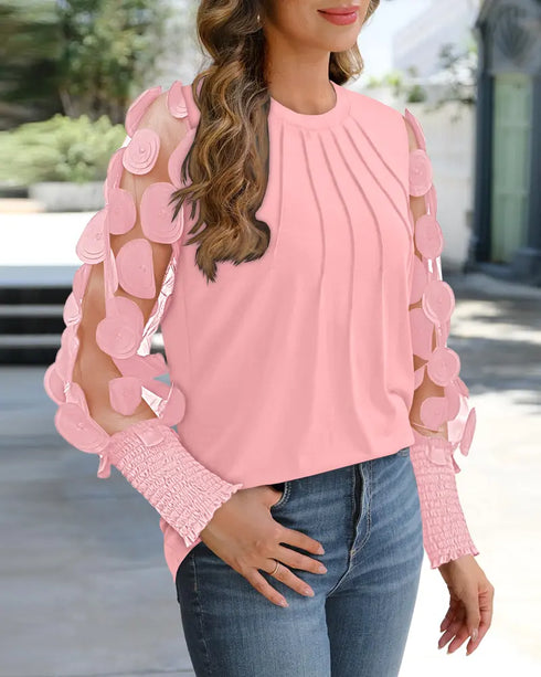 Contrast Lace Round Neck Lantern Sleeve Ruched Blouse Elegant Shirt pink