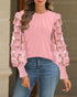 3D Polka Dot Appliques Mesh Long Sleeve Blouse Casual Shirred Cuffs Seam Front Top pink