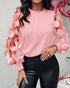 3D Polka Dot Appliques Mesh Long Sleeve Blouse Casual Shirred Cuffs Seam Front Top pink