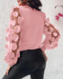 Floral Embroidery Round Neck Lantern Sleeve Blouse Sexy Sheer Mesh Patch Ruched Top pink