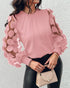 Contrast Lace Round Neck Lantern Sleeve Ruched Blouse Elegant Shirt pink