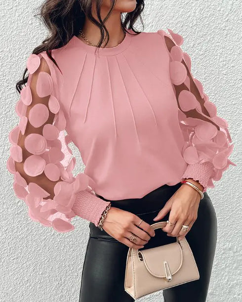 Floral Embroidery Round Neck Lantern Sleeve Blouse Sexy Sheer Mesh Patch Ruched Top pink
