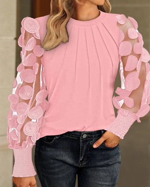 Contrast Lace Round Neck Lantern Sleeve Ruched Blouse Elegant Shirt pink